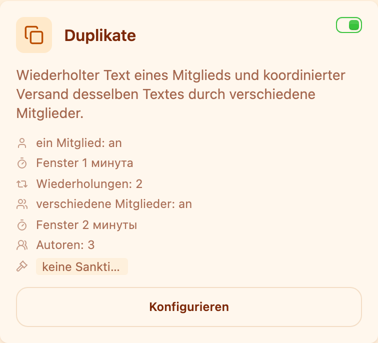 Die Karte „Duplikate" im Bereich Moderation