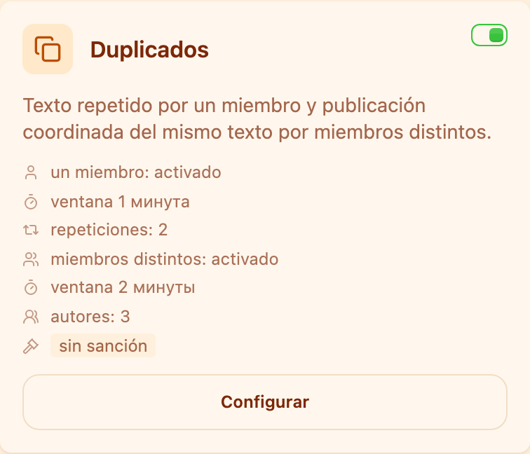 La tarjeta «Duplicados» en la sección Moderación