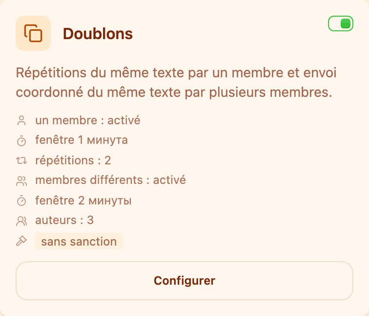 La carte « Doublons » dans la section Modération