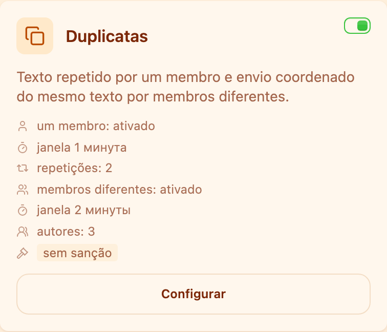 O cartão «Duplicatas» na seção Moderação