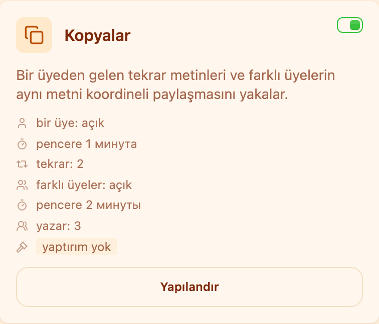 Moderasyon bölümündeki «Kopyalar» kartı