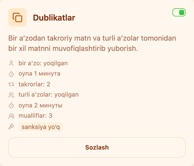 «Moderatsiya» boʻlimidagi «Dublikatlar» kartasi