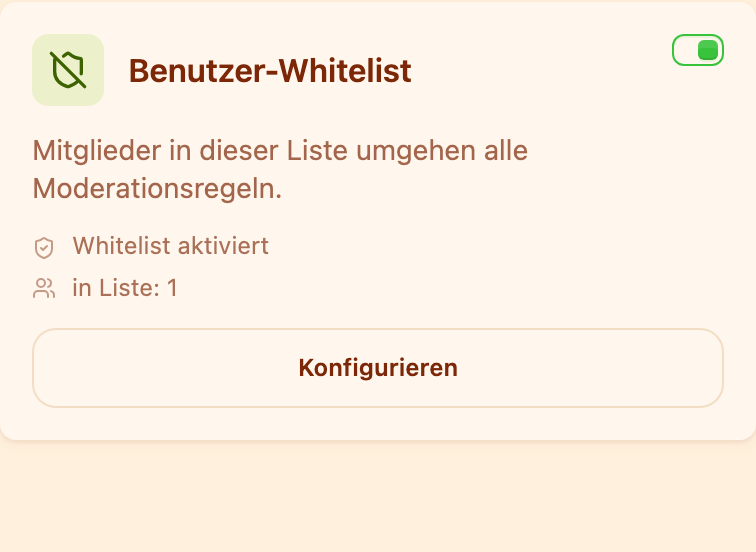 Die Karte „Benutzer-Whitelist" im Bereich Moderation