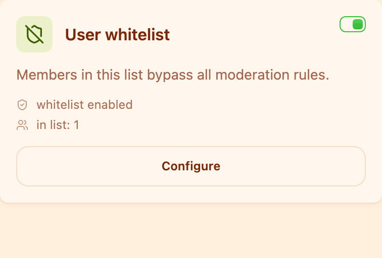 The "User whitelist" card in the Moderation section