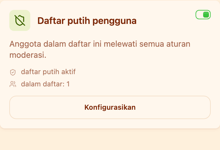 Kartu «Daftar putih pengguna» di bagian Moderasi