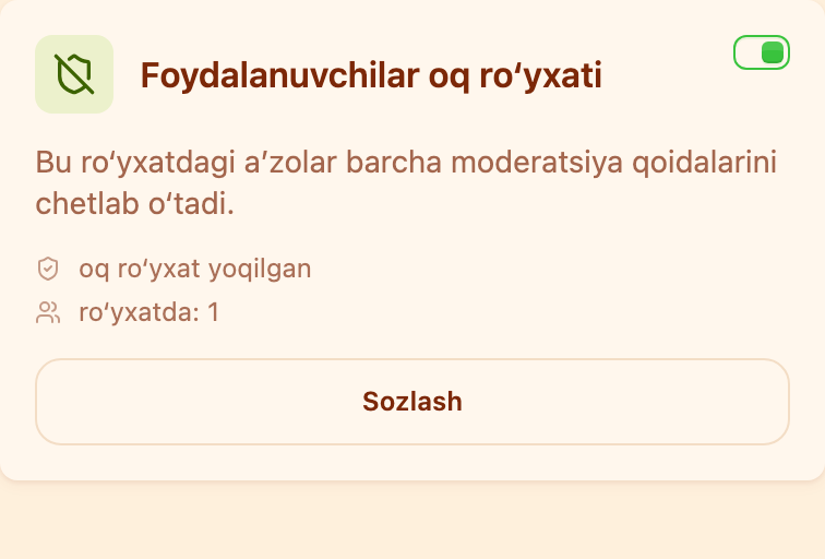 «Moderatsiya» boʻlimidagi «Foydalanuvchilar oq ro‘yxati» kartasi