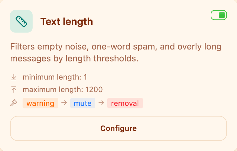 The "Text length" card in the Moderation section