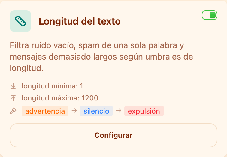 La tarjeta «Longitud del texto» en la sección Moderación