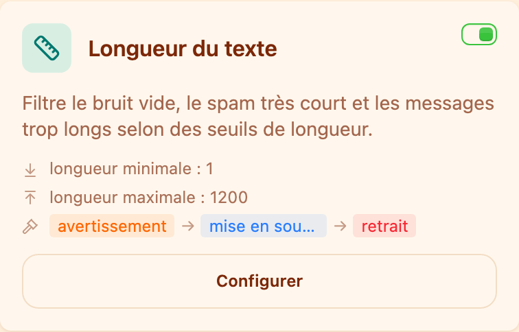 La carte « Longueur du texte » dans la section Modération