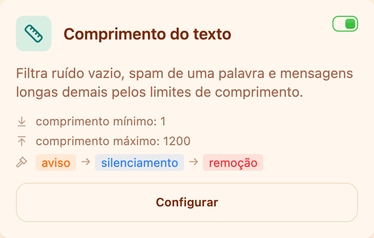 O cartão «Comprimento do texto» na seção Moderação