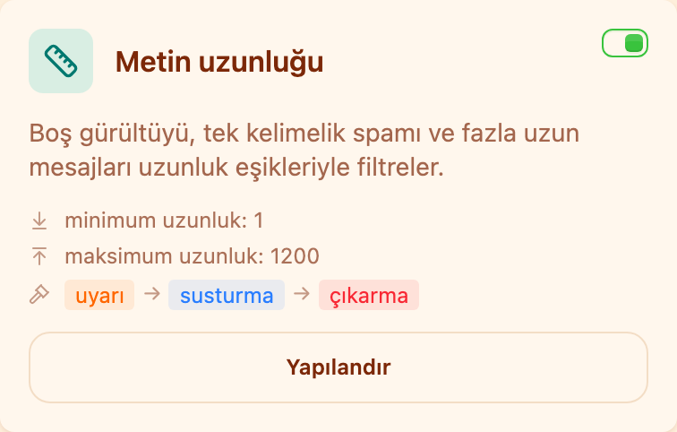 Moderasyon bölümündeki «Metin uzunluğu» kartı