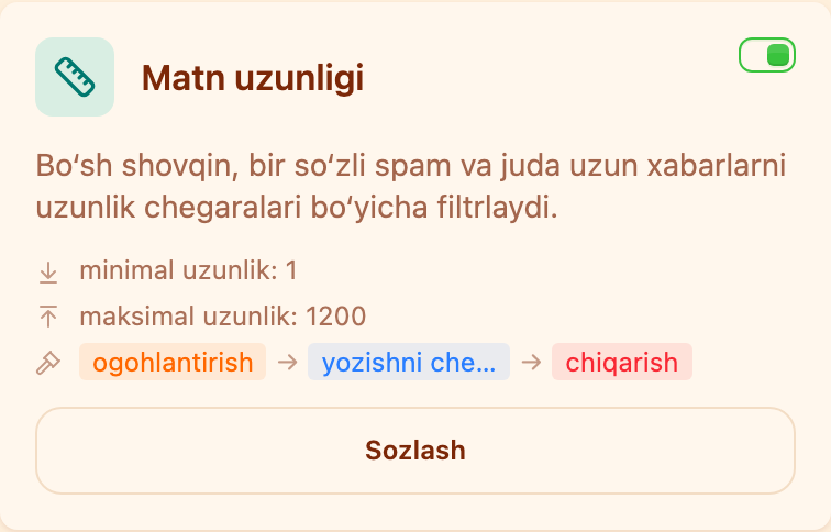 «Moderatsiya» boʻlimidagi «Matn uzunligi» kartasi