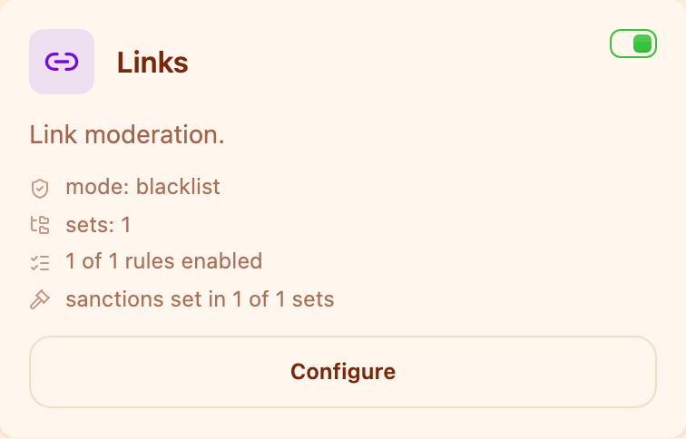 The "Links" card in the Moderation section