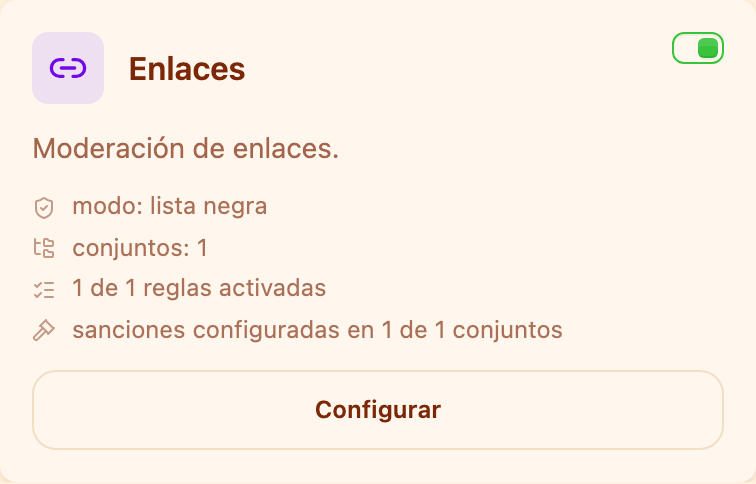 La tarjeta «Enlaces» en la sección Moderación