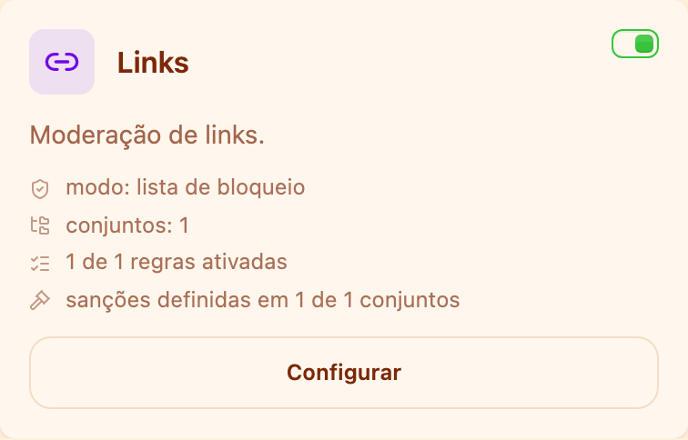 O cartão «Links» na seção Moderação