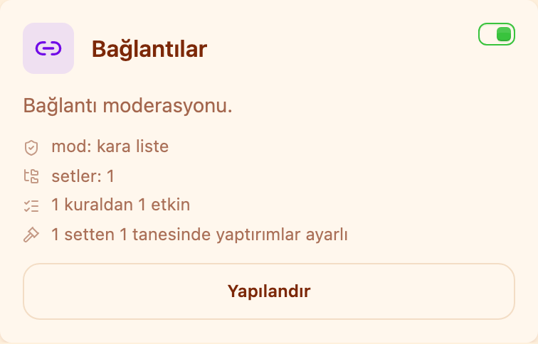 Moderasyon bölümündeki «Bağlantılar» kartı