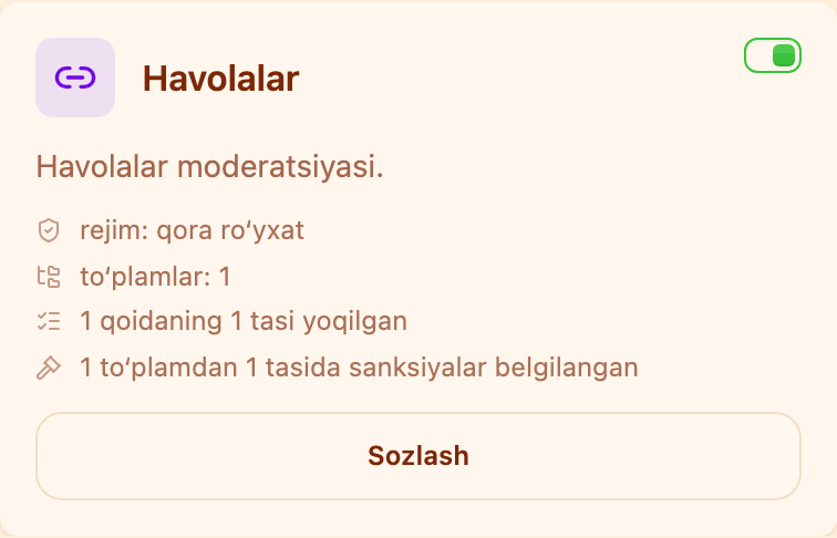 «Moderatsiya» boʻlimidagi «Havolalar» kartasi