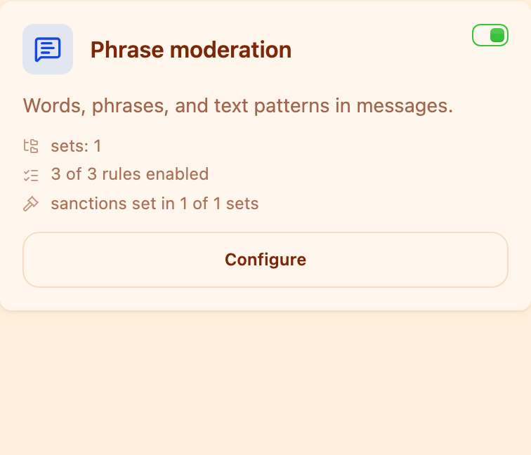 The "Phrase moderation" card in the Moderation section