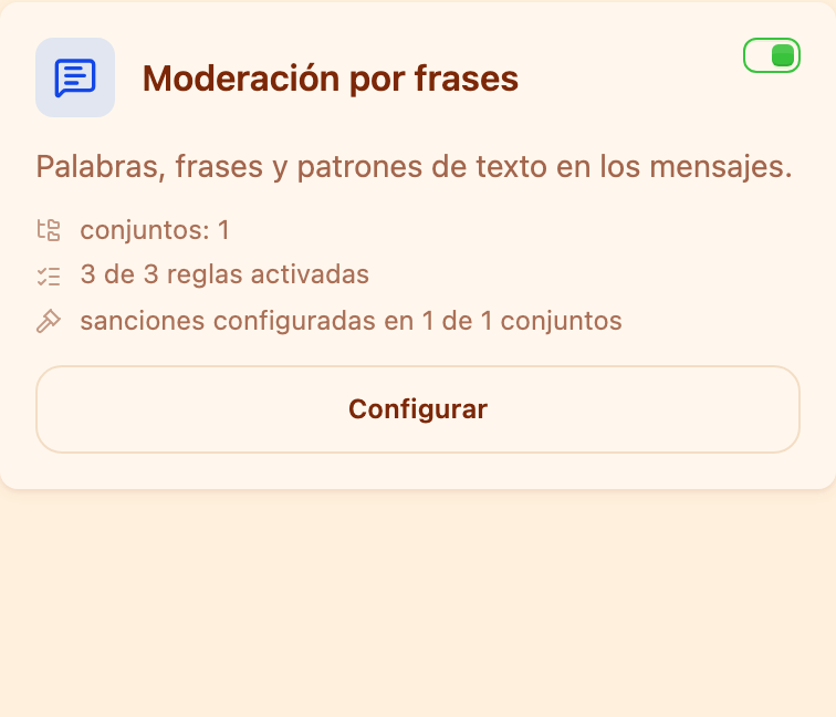 La tarjeta «Moderación por frases» en la sección Moderación