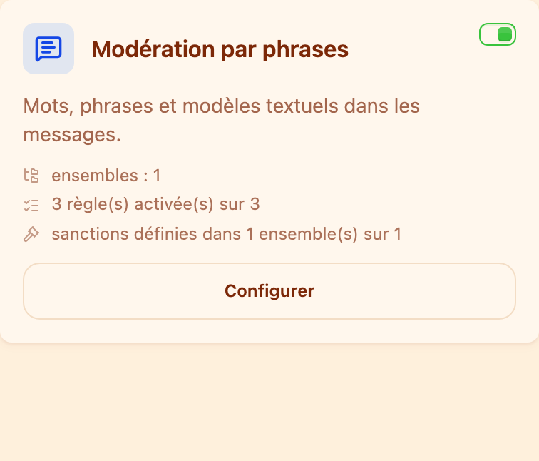 La carte « Modération par phrases » dans la section Modération