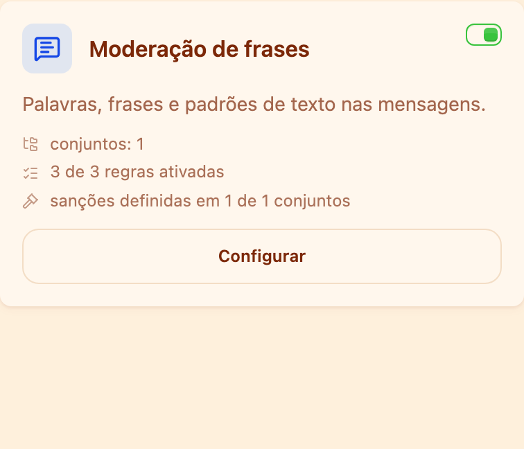 O cartão «Moderação de frases» na seção Moderação
