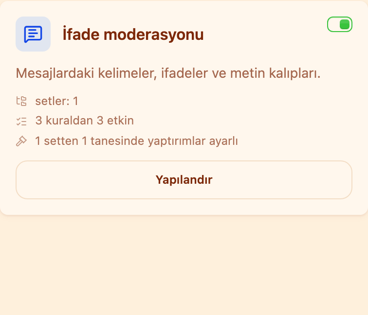 Moderasyon bölümündeki «İfade moderasyonu» kartı