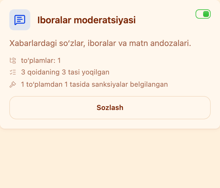 «Moderatsiya» boʻlimidagi «Iboralar moderatsiyasi» kartasi