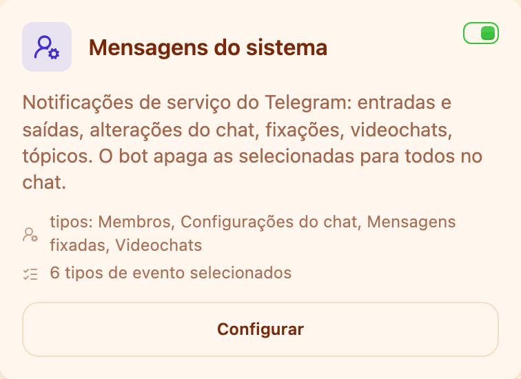 O cartão «Mensagens do sistema» na seção Moderação