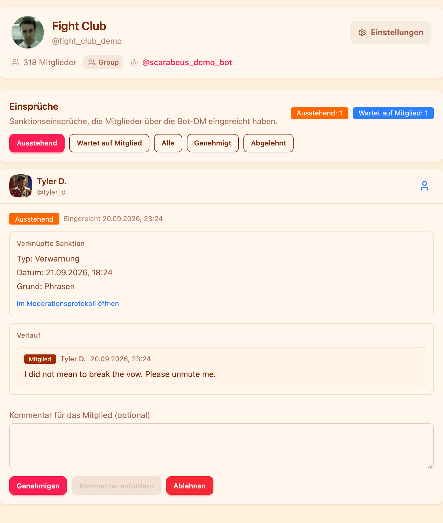 Der Bereich Einsprüche im Dashboard