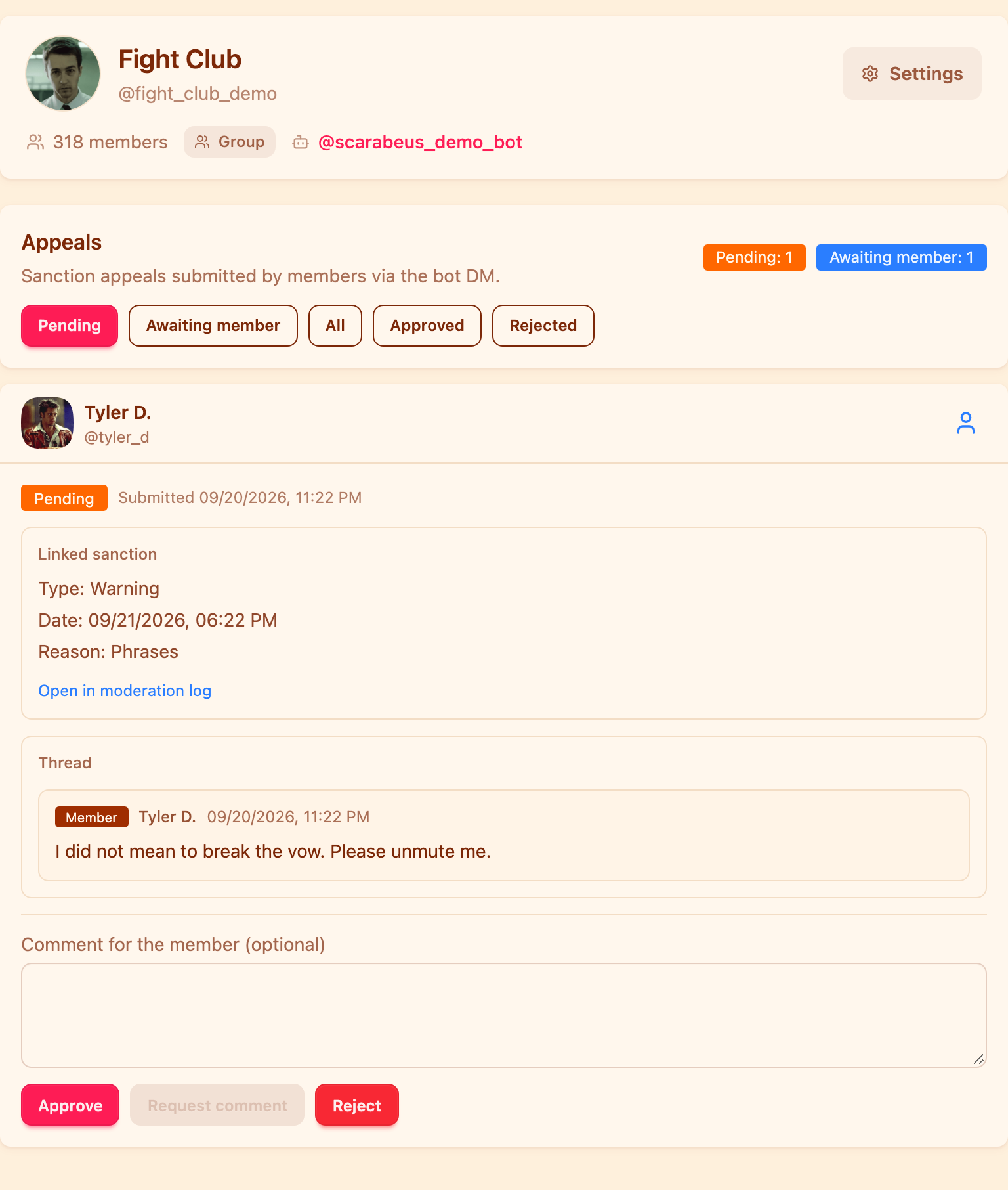 The Appeals section in the dashboard